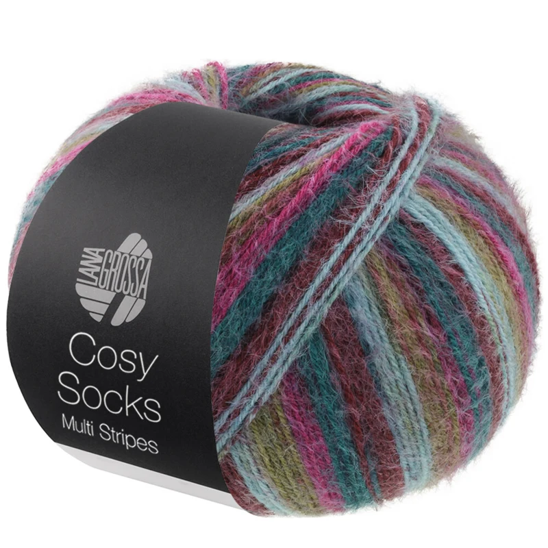 Lana Grossa Cosy Socks Multi Stripes 158 Petrooli/tumma fuksia/oliivi/mintunturkoosi/tummanpunainen