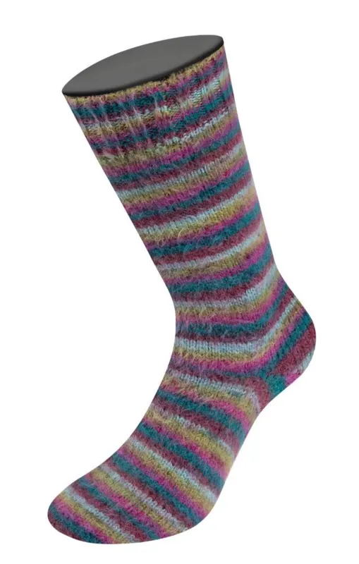 Lana Grossa Cosy Socks Multi Stripes 158 Petrooli/tumma fuksia/oliivi/mintunturkoosi/tummanpunainen