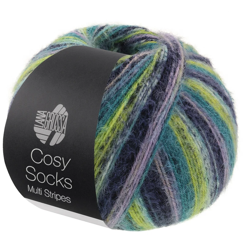 Lana Grossa Cosy Socks Multi Stripes 157 Laventeli/petrooli/toukokuunvihreä/turkoosi/yönsininen
