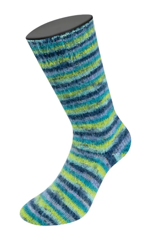 Lana Grossa Cosy Socks Multi Stripes 157 Laventeli/petrooli/toukokuunvihreä/turkoosi/yönsininen