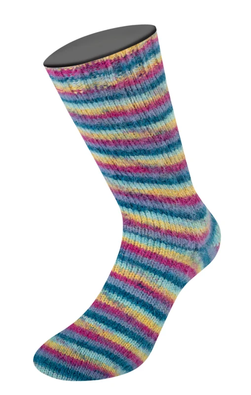 Lana Grossa Cosy Socks Multi Stripes 155 Tumma petroli/vaalea turkoosi/keltainen/orkidea/harmaanvioletti