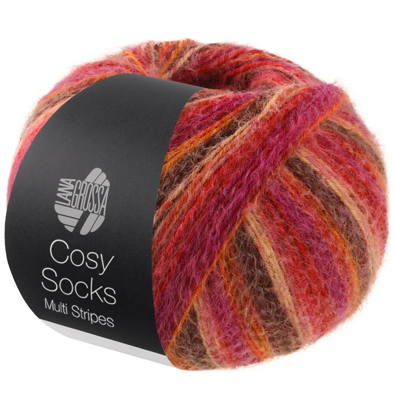 Lana Grossa Cosy Socks Multi Stripes 159 Punainen/fuksia/oranssi/tummanruskea/lohi