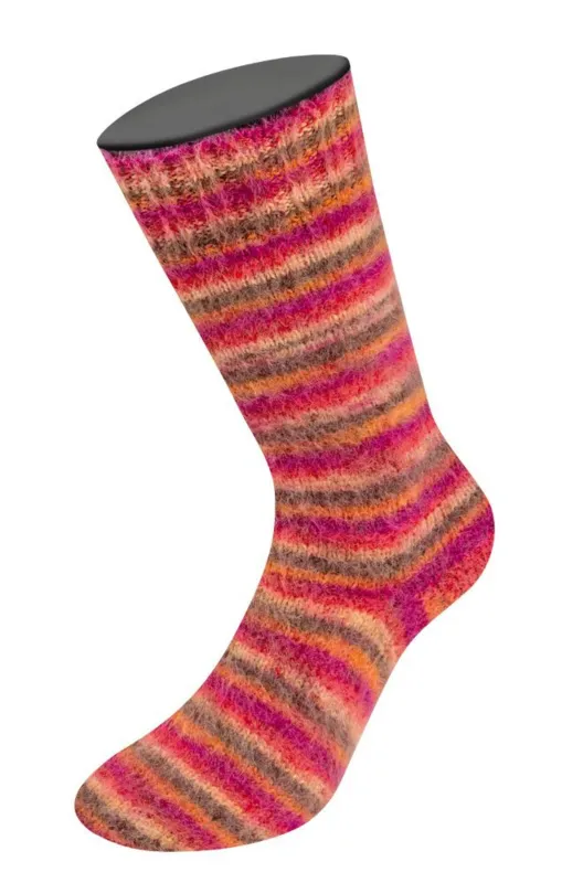 Lana Grossa Cosy Socks Multi Stripes 159 Punainen/fuksia/oranssi/tummanruskea/lohi