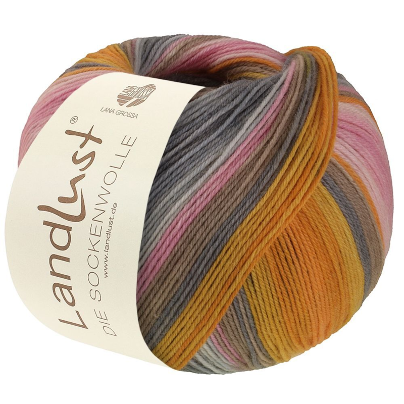 Lana Grossa Landlust Die Sockenwolle 132 Oranssi/Keltuainen/Lohenoranssi/Harmaa/Harmaabeige/Haalea roosa/Roosa/Neilikka/Vaaleanharmaa raidallinen