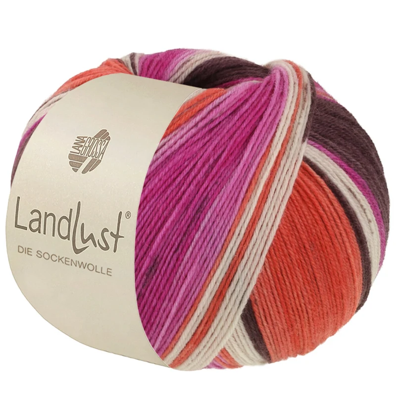 Lana Grossa Landlust Die Sockenwolle 135 Harmaanruskea/Fuksia/Ecru/Terrakotta/Orkidea raidallinen