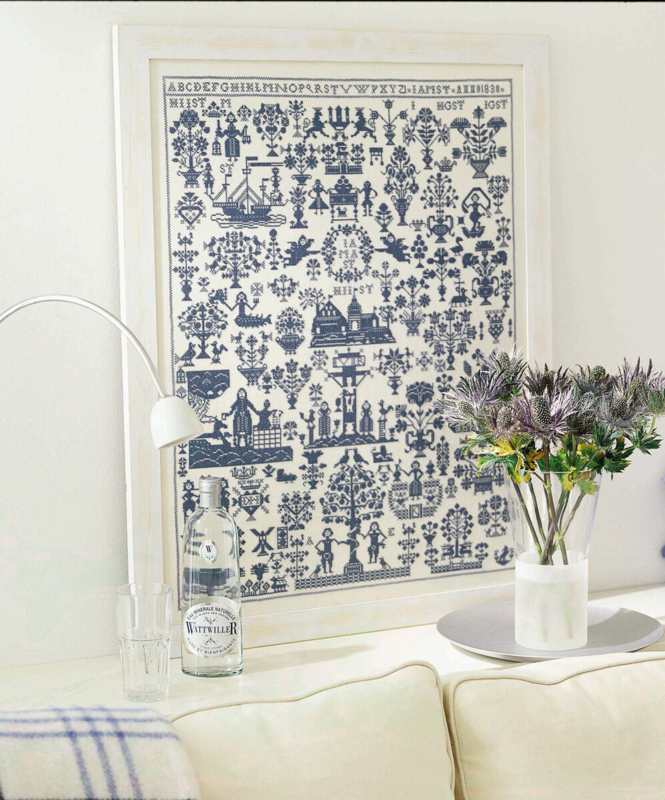 Kirjontapaketti nimiliina vuodelta 1830 sininen 50 x 72 cm